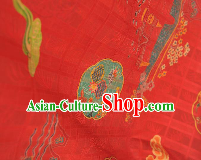 Chinese Traditional Red Gambiered Guangdong Gauze Cheongsam Cloth Classical Bridge Flowers Pattern Silk Fabric
