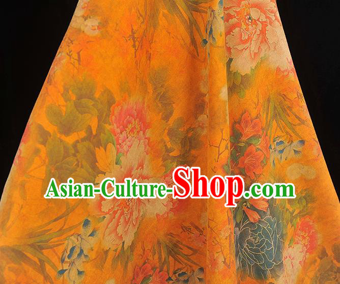 Chinese Classical Peony Pattern Gambiered Guangdong Gauze Traditional Cheongsam Orange Cloth Silk Fabric