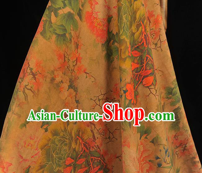 Chinese Silk Fabric Classical Peony Pattern Gambiered Guangdong Gauze Traditional Cheongsam Ginger Cloth