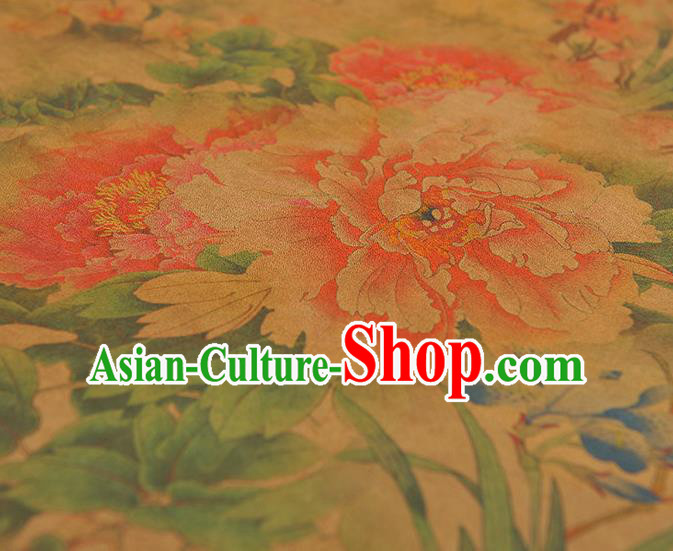 Chinese Silk Fabric Classical Peony Pattern Gambiered Guangdong Gauze Traditional Cheongsam Ginger Cloth