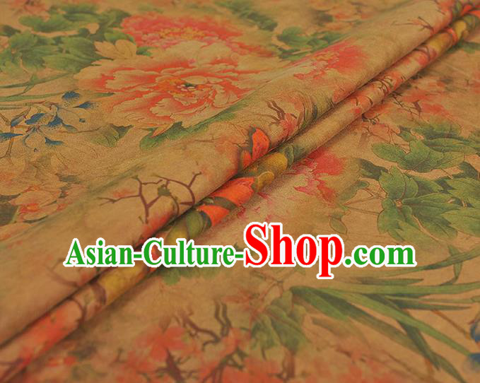 Chinese Silk Fabric Classical Peony Pattern Gambiered Guangdong Gauze Traditional Cheongsam Ginger Cloth