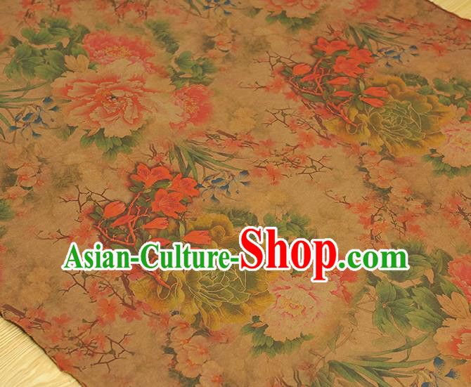 Chinese Silk Fabric Classical Peony Pattern Gambiered Guangdong Gauze Traditional Cheongsam Ginger Cloth