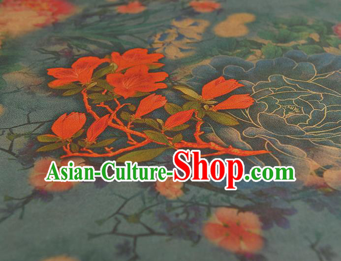 Chinese Dark Blue Silk Fabric Traditional Cheongsam Cloth Classical Peony Pattern Gambiered Guangdong Gauze