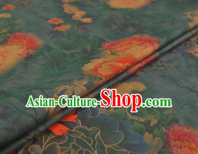 Chinese Dark Blue Silk Fabric Traditional Cheongsam Cloth Classical Peony Pattern Gambiered Guangdong Gauze