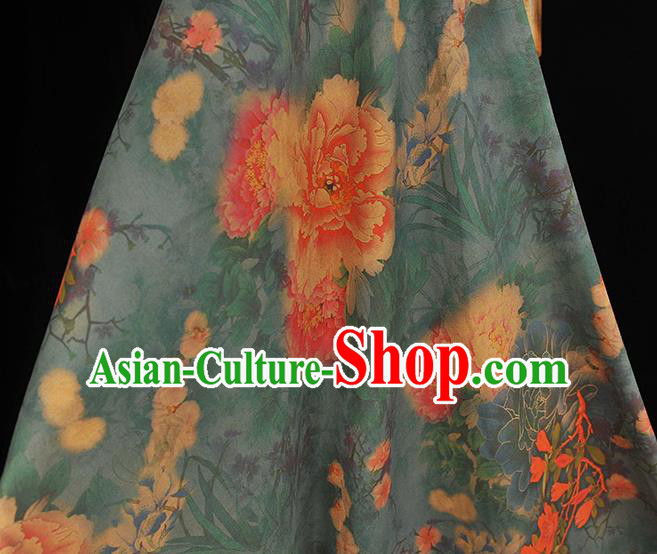 Chinese Dark Blue Silk Fabric Traditional Cheongsam Cloth Classical Peony Pattern Gambiered Guangdong Gauze