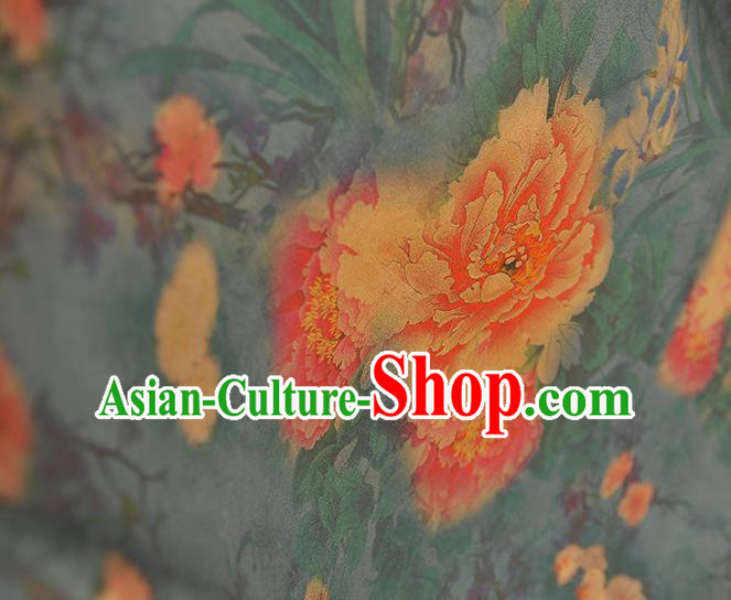 Chinese Dark Blue Silk Fabric Traditional Cheongsam Cloth Classical Peony Pattern Gambiered Guangdong Gauze