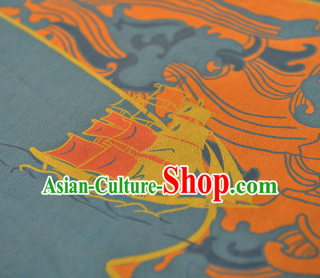 Chinese Blue Cloth Traditional Cheongsam Gambiered Guangdong Gauze Classical Sailboat Pattern Silk Fabric