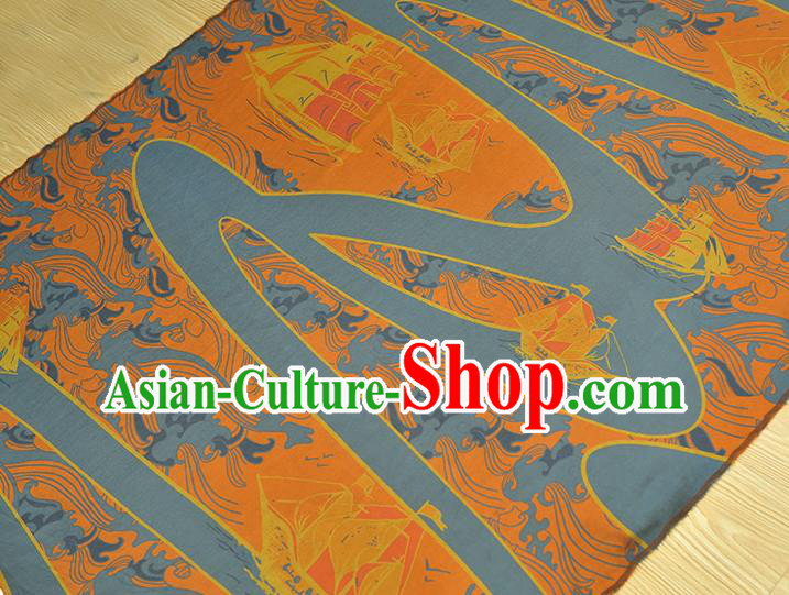 Chinese Blue Cloth Traditional Cheongsam Gambiered Guangdong Gauze Classical Sailboat Pattern Silk Fabric