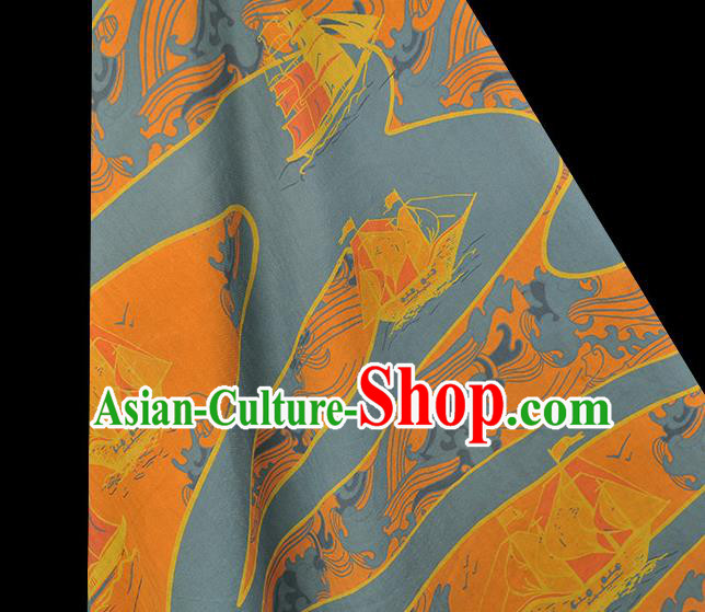 Chinese Blue Cloth Traditional Cheongsam Gambiered Guangdong Gauze Classical Sailboat Pattern Silk Fabric