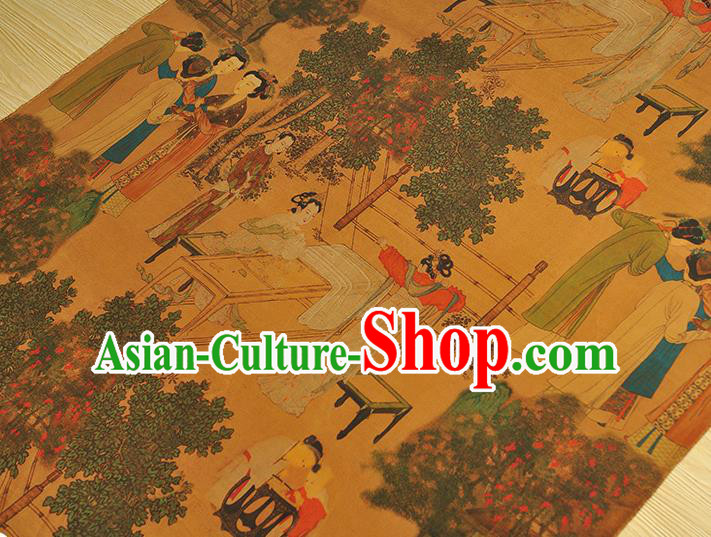 Chinese Traditional Ginger Gambiered Guangdong Gauze Classical Beauty Pattern Silk Fabric Cheongsam Satin Cloth
