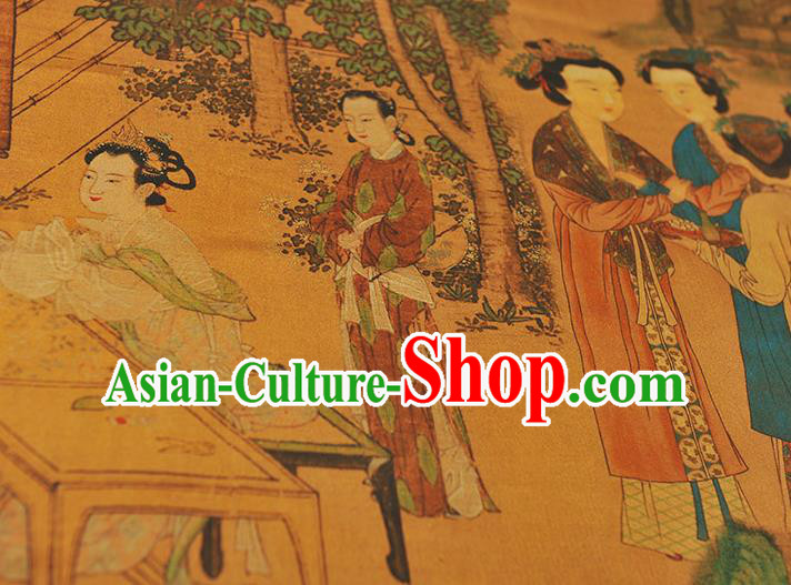 Chinese Traditional Ginger Gambiered Guangdong Gauze Classical Beauty Pattern Silk Fabric Cheongsam Satin Cloth