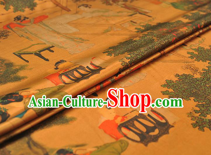 Chinese Traditional Ginger Gambiered Guangdong Gauze Classical Beauty Pattern Silk Fabric Cheongsam Satin Cloth