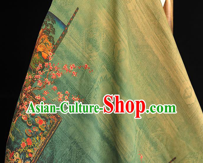 China Traditional Plum Blossom Pattern Green Silk Fabric Classical Cheongsam Gambiered Guangdong Gauze Cloth