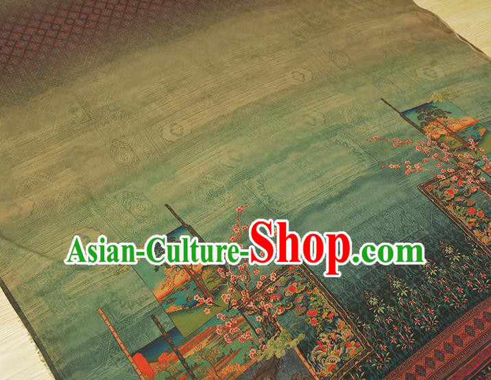 China Traditional Plum Blossom Pattern Green Silk Fabric Classical Cheongsam Gambiered Guangdong Gauze Cloth