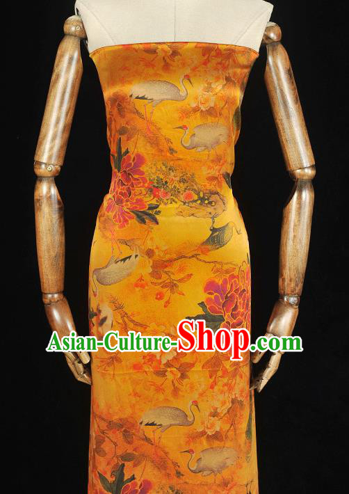 Traditional Cheongsam Ginger Gambiered Guangdong Gauze Chinese Classical Crane Peony Pattern Silk Fabric Jacquard Material