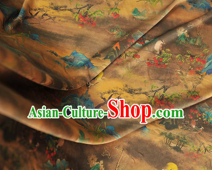 Chinese Classical Landscape Pattern Silk Fabric Traditional Cheongsam Brown Gambiered Guangdong Gauze Jacquard Material