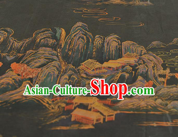 Top Silk Material Chinese Traditional Landscape Pattern Fabric Classical Cheongsam Black Gambiered Guangdong Gauze