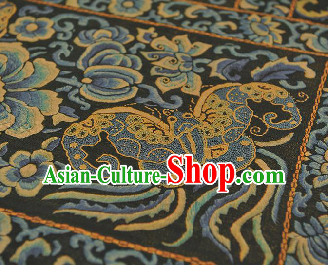 Chinese Traditional Cheongsam Gambiered Guangdong Gauze Classical Butterfly Peony Pattern Black Silk Material