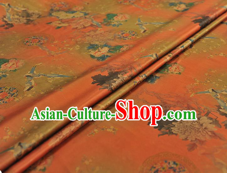 Chinese Orange Satin Traditional Cheongsam Fabric Classical Peony Birds Pattern Silk Material