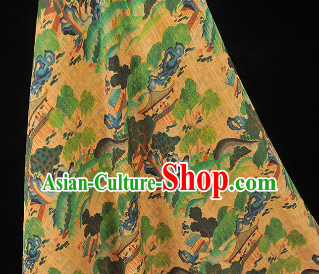 Chinese Cheongsam Yellow Cloth Material Traditional Gambiered Guangdong Gauze Classical Pavilion Pattern Silk Fabric