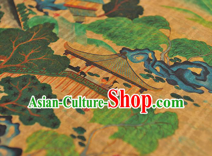 Chinese Cheongsam Yellow Cloth Material Traditional Gambiered Guangdong Gauze Classical Pavilion Pattern Silk Fabric
