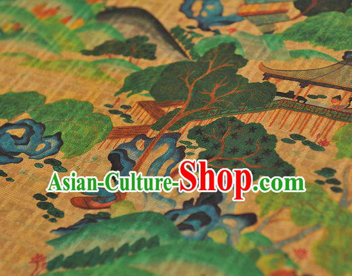 Chinese Cheongsam Yellow Cloth Material Traditional Gambiered Guangdong Gauze Classical Pavilion Pattern Silk Fabric