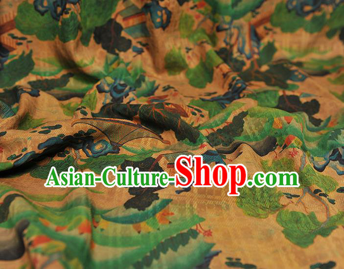 Chinese Cheongsam Yellow Cloth Material Traditional Gambiered Guangdong Gauze Classical Pavilion Pattern Silk Fabric