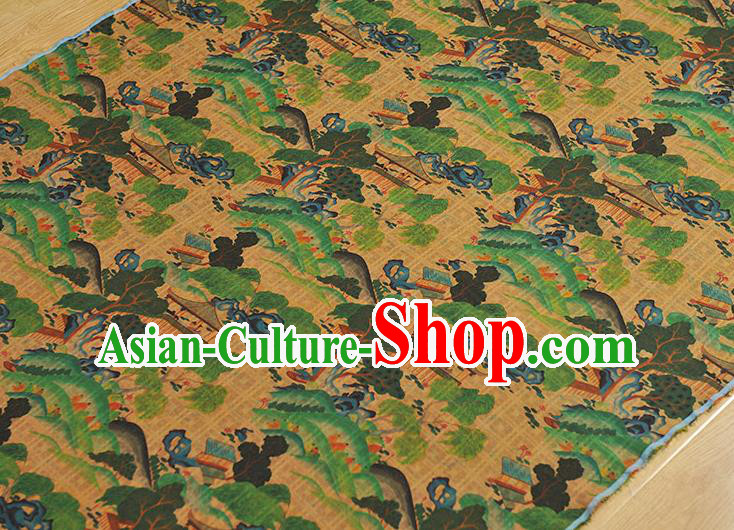 Chinese Cheongsam Yellow Cloth Material Traditional Gambiered Guangdong Gauze Classical Pavilion Pattern Silk Fabric