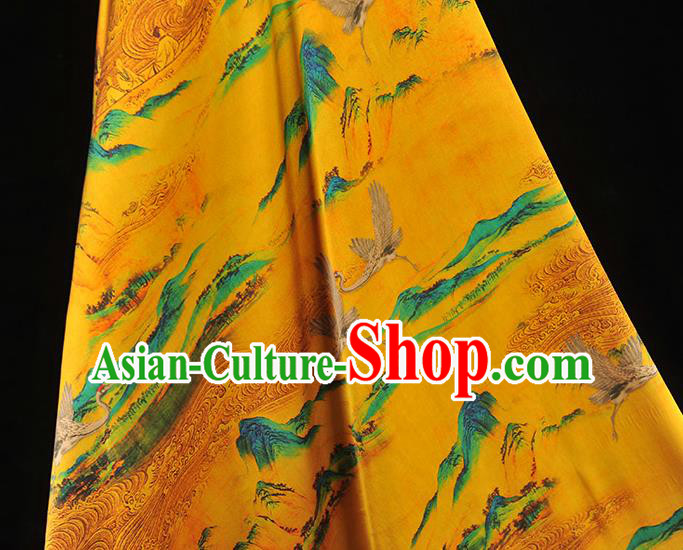 Chinese Classical Crane Pattern Silk Fabric Traditional Yellow Gambiered Guangdong Gauze Cheongsam Cloth Material