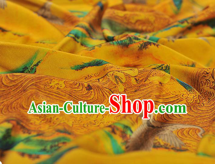 Chinese Classical Crane Pattern Silk Fabric Traditional Yellow Gambiered Guangdong Gauze Cheongsam Cloth Material