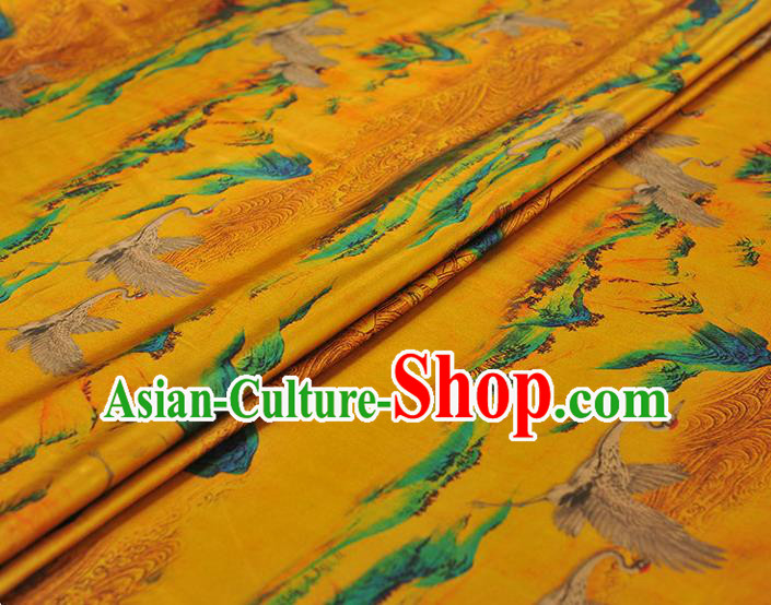 Chinese Classical Crane Pattern Silk Fabric Traditional Yellow Gambiered Guangdong Gauze Cheongsam Cloth Material