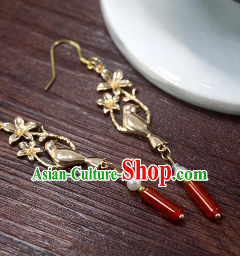 Handmade Chinese National New Year Earrings Traditional Cheongsam Classical Golden Bird Ear Accessories