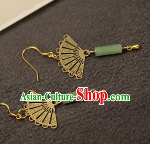 Handmade Chinese National Jade Tassel Earrings Traditional Cheongsam Classical Golden Fan Ear Accessories
