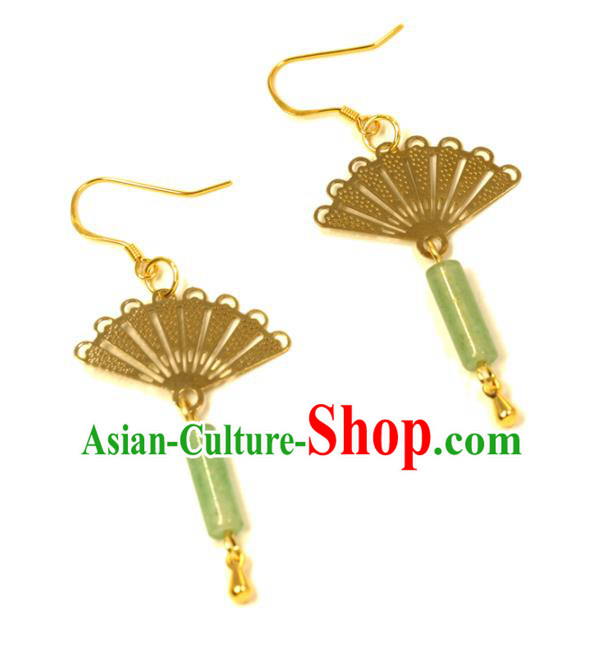 Handmade Chinese National Jade Tassel Earrings Traditional Cheongsam Classical Golden Fan Ear Accessories