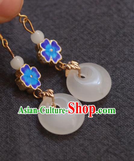 Handmade Traditional Enamel Flower Ear Accessories Chinese National White Jade Ring Earrings