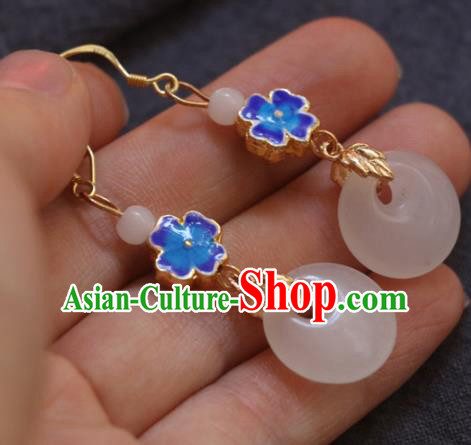 Handmade Traditional Enamel Flower Ear Accessories Chinese National White Jade Ring Earrings