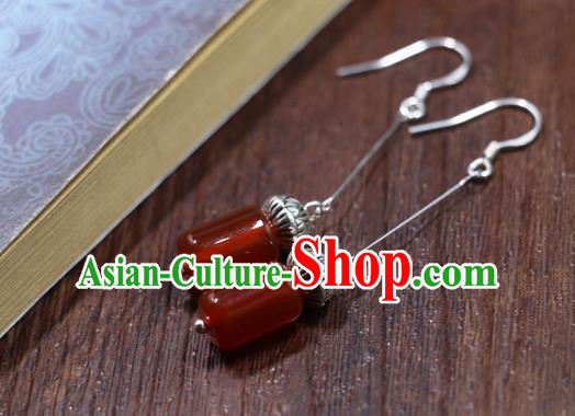 Handmade Traditional Silver Lotus Ear Accessories Chinese Hanfu Jewelry National Agate Earrings