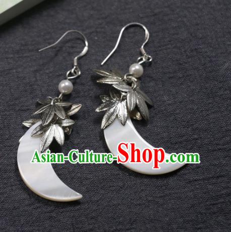 Handmade Traditional Shell Moon Ear Accessories Chinese National Silver Maple Leaf Earrings