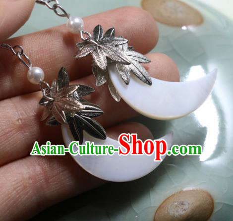 Handmade Traditional Shell Moon Ear Accessories Chinese National Silver Maple Leaf Earrings