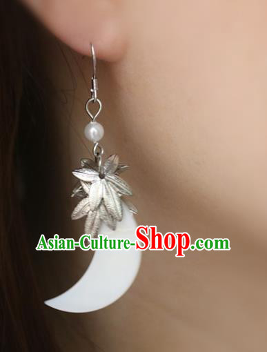 Handmade Traditional Shell Moon Ear Accessories Chinese National Silver Maple Leaf Earrings