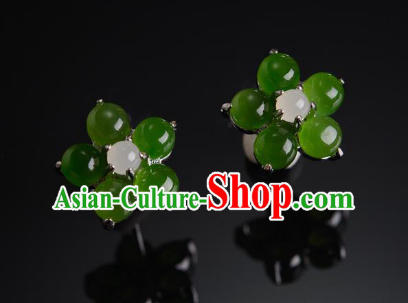 China Ancient Princess Jade Plum Blossom Ear Jewelry Accessories Traditional Qing Dynasty Earrings