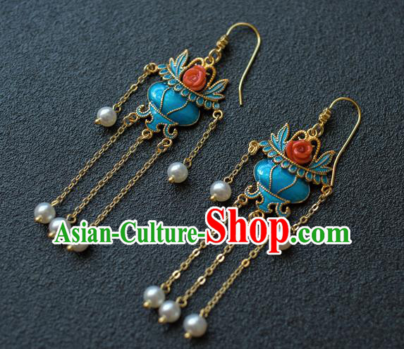 China Ancient Court Lady Blueing Ear Jewelry Accessories Traditional Qing Dynasty Tassel Earrings