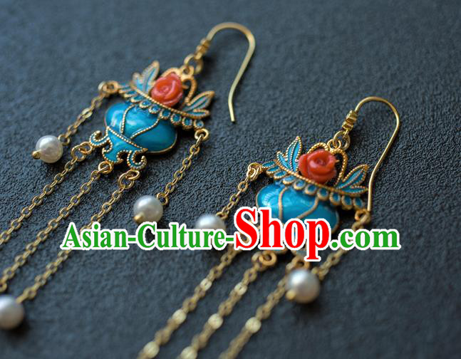 China Ancient Court Lady Blueing Ear Jewelry Accessories Traditional Qing Dynasty Tassel Earrings