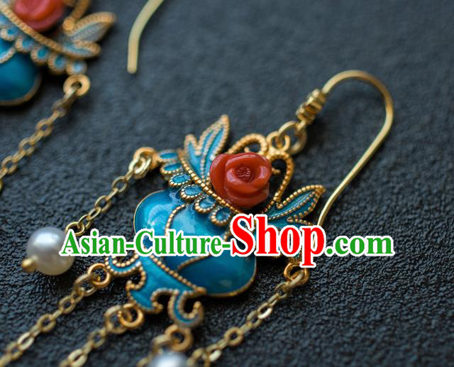 China Ancient Court Lady Blueing Ear Jewelry Accessories Traditional Qing Dynasty Tassel Earrings