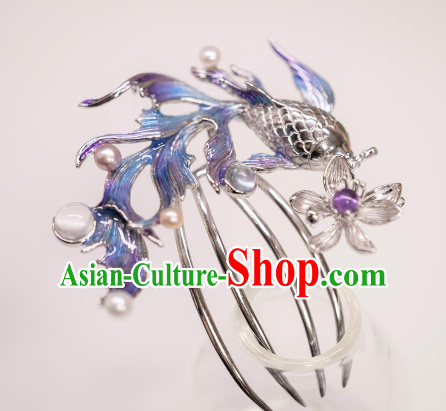 China Traditional Argent Lotus Fish Hair Comb Ancient Imperial Concubine Hairpin Qing Dynasty Court Hair Accessories