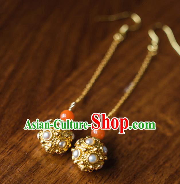 China Traditional Sui Dynasty Princess Li Jingxun Earrings Ancient Court Pearls Ear Jewelry Gilding Accessories