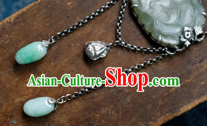China Handmade National Silver Jewelry Accessories Traditional Jade Carving Lotus Necklace Pendant