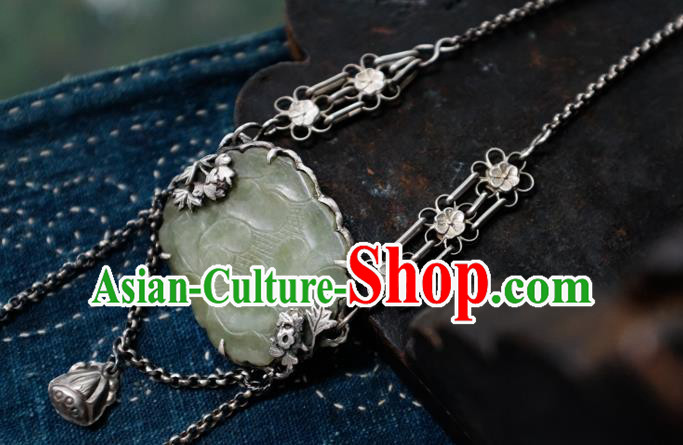China Handmade National Silver Jewelry Accessories Traditional Jade Carving Lotus Necklace Pendant