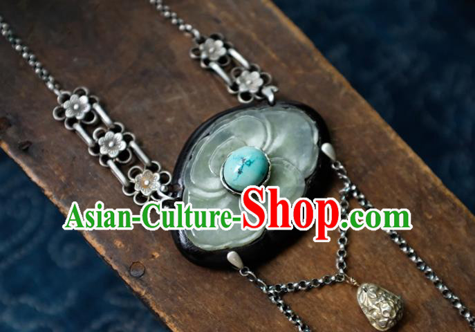 Handmade China Traditional Jade Carving Lotus Necklace Pendant National Silver Jewelry Accessories