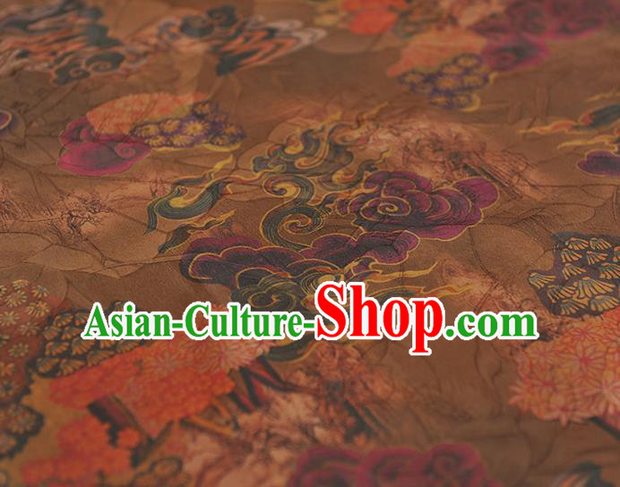 Top Chinese Cheongsam Fabric Brown Gambiered Guangdong Gauze Traditional Flowers Pattern Silk Drapery